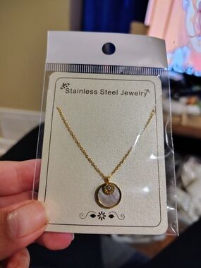 Stainless Steel Gold Disk Pendant Necklace with Mother-of-Pearl Inlay